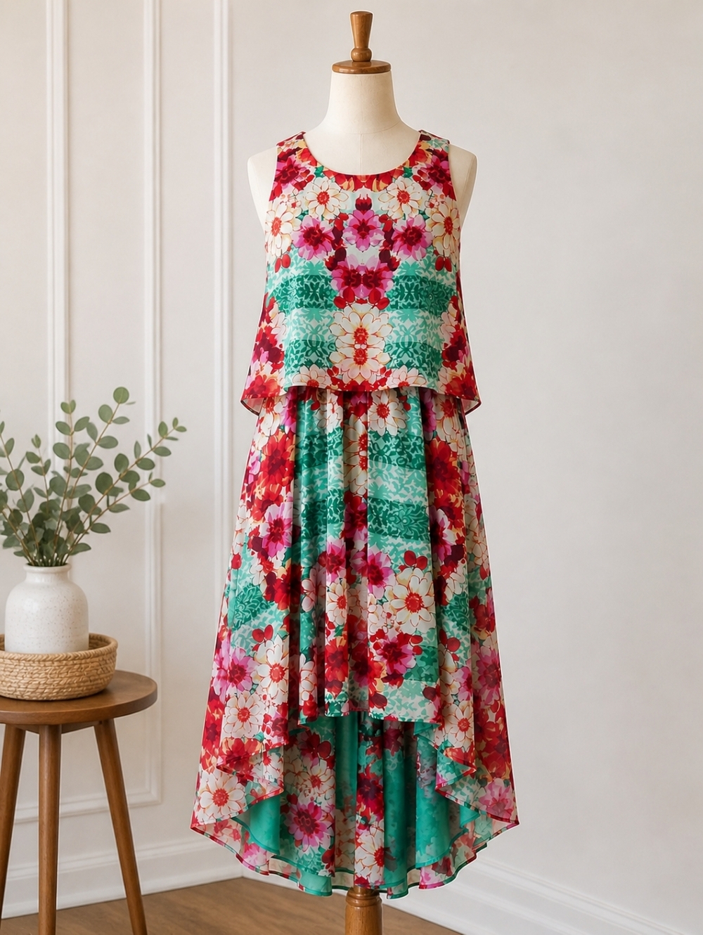 Bisou Bisou Sleeveless Floral High-Low Dress | Size 6 | Flowing Layered Hem